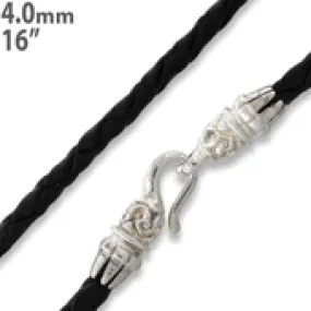 16" Black Braided Leather Necklace 4mm w/ Silver Plated Bali Lock