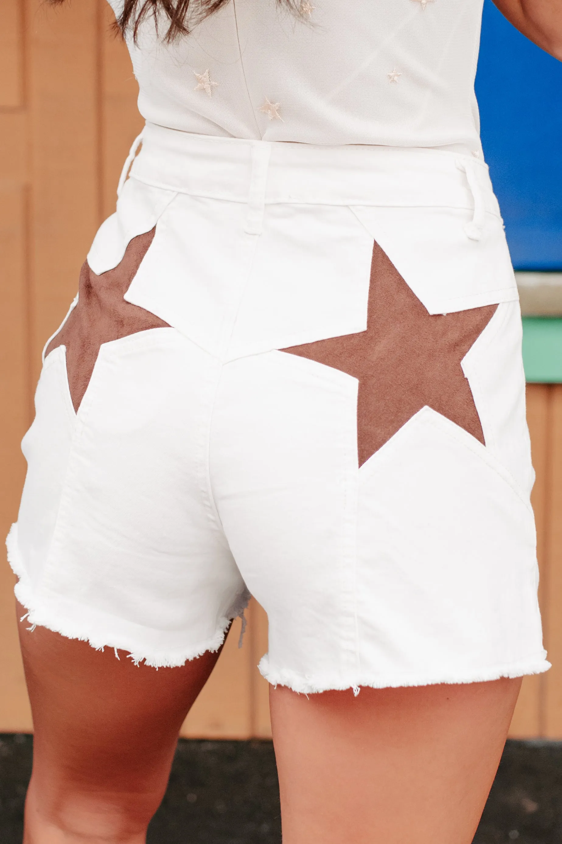 Act Confident Star Detailed Denim Shorts (Ivory/Brown)