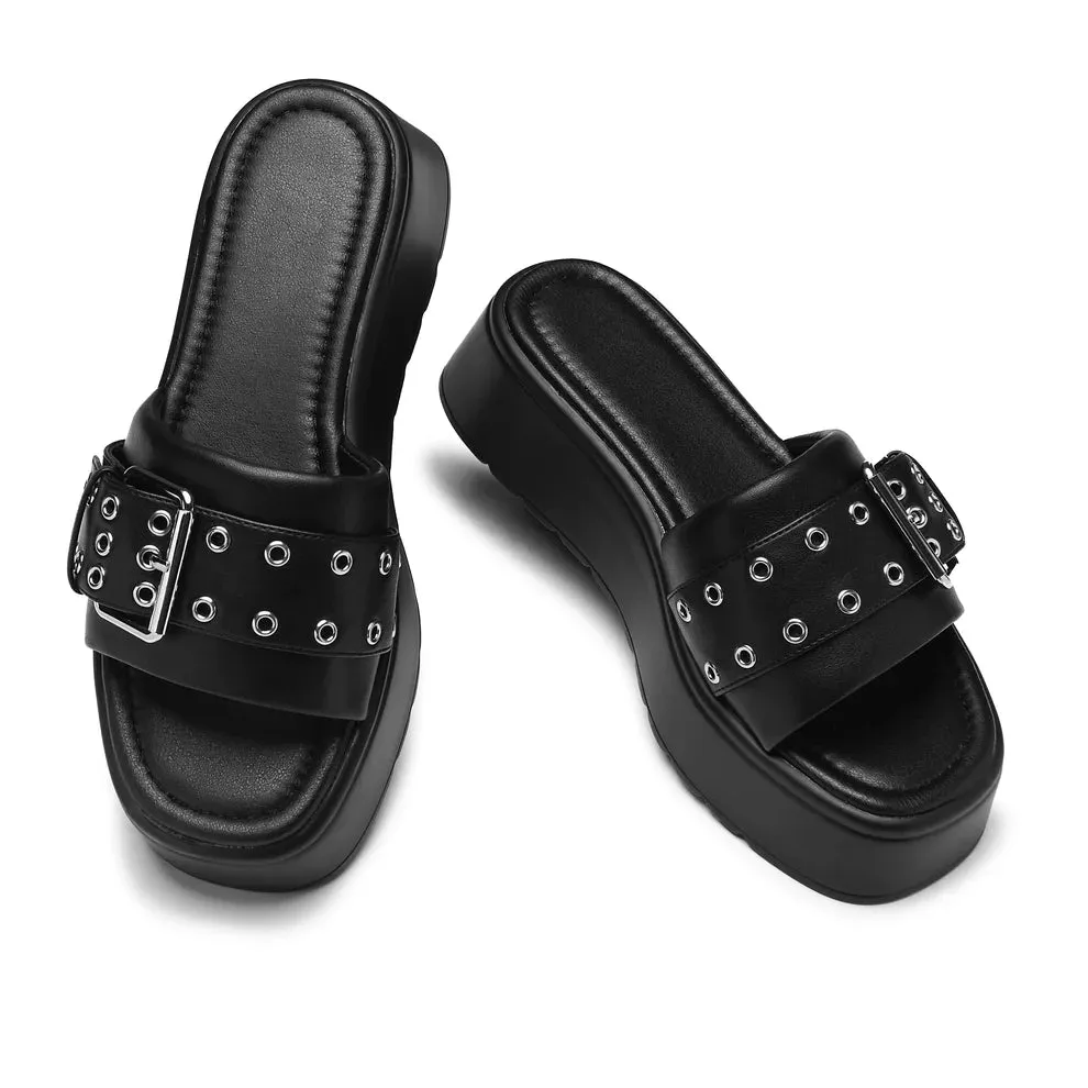 Stylish Black Adepta Chunky Platform Sliders