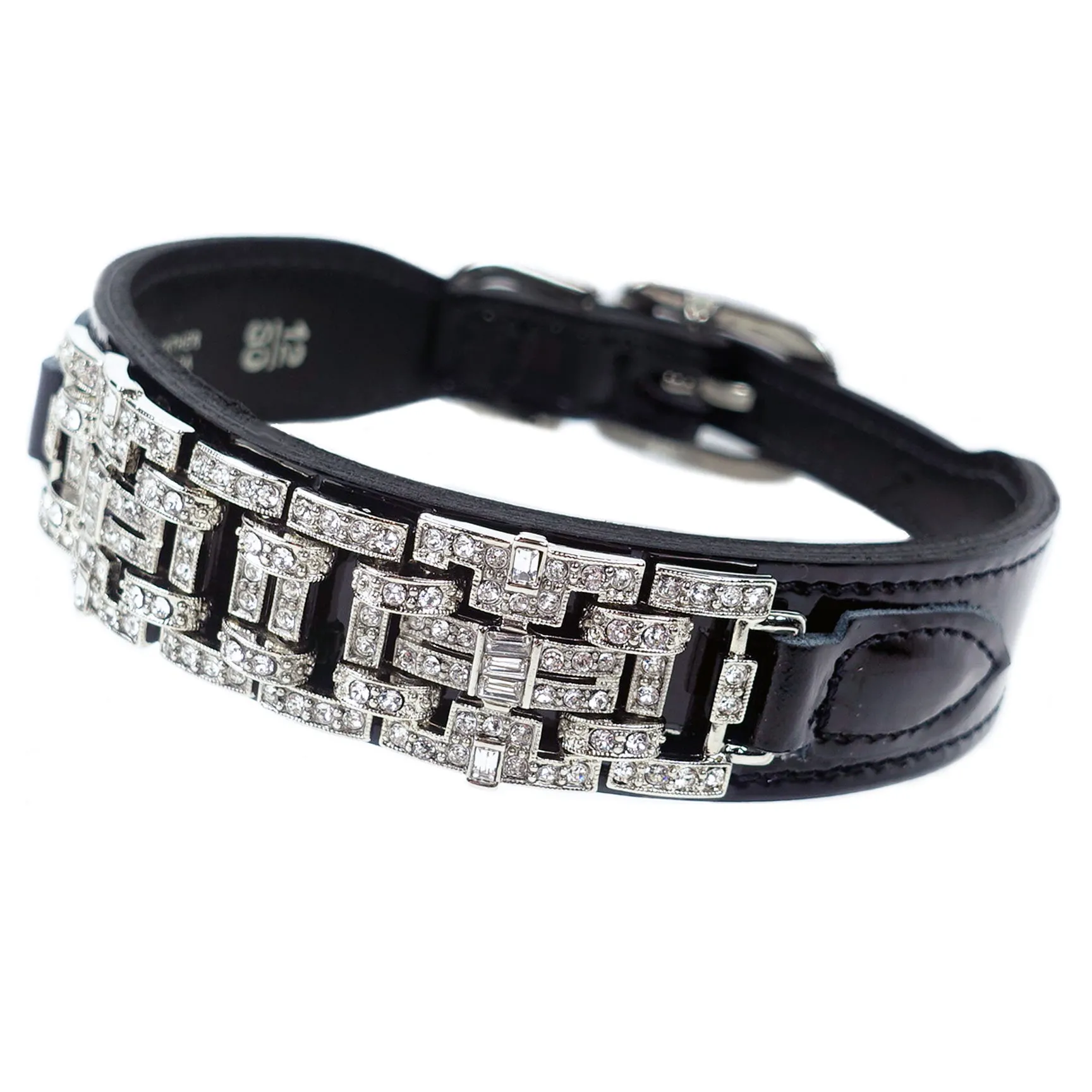 Art Deco Dog Collar in Black Patent & Nickel