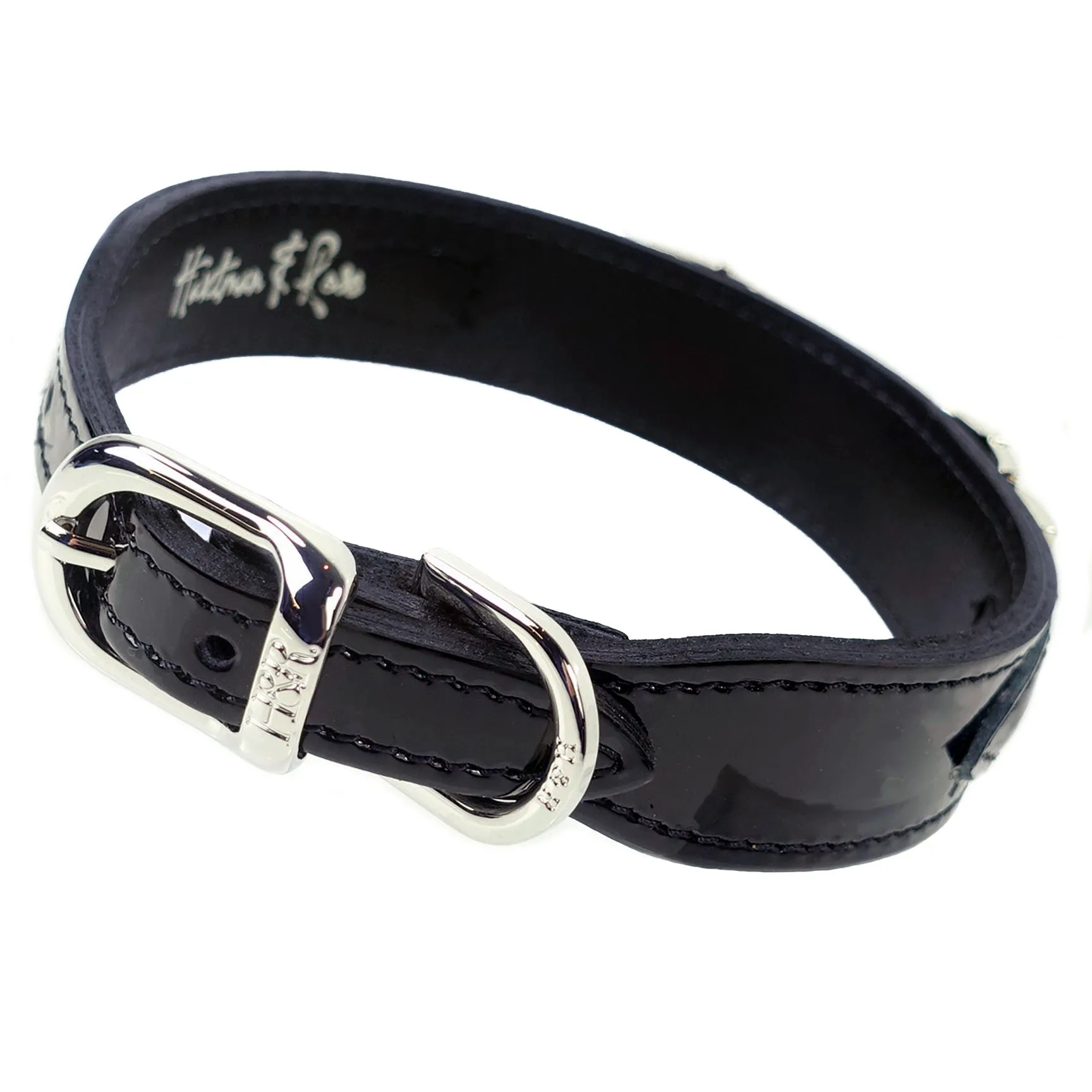 Art Deco Dog Collar in Black Patent & Nickel