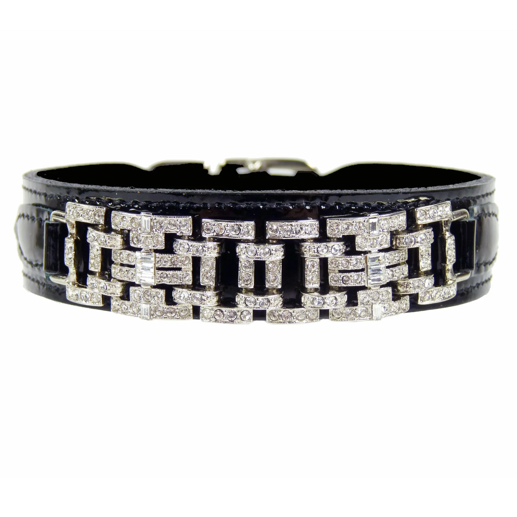 Art Deco Dog Collar in Black Patent & Nickel