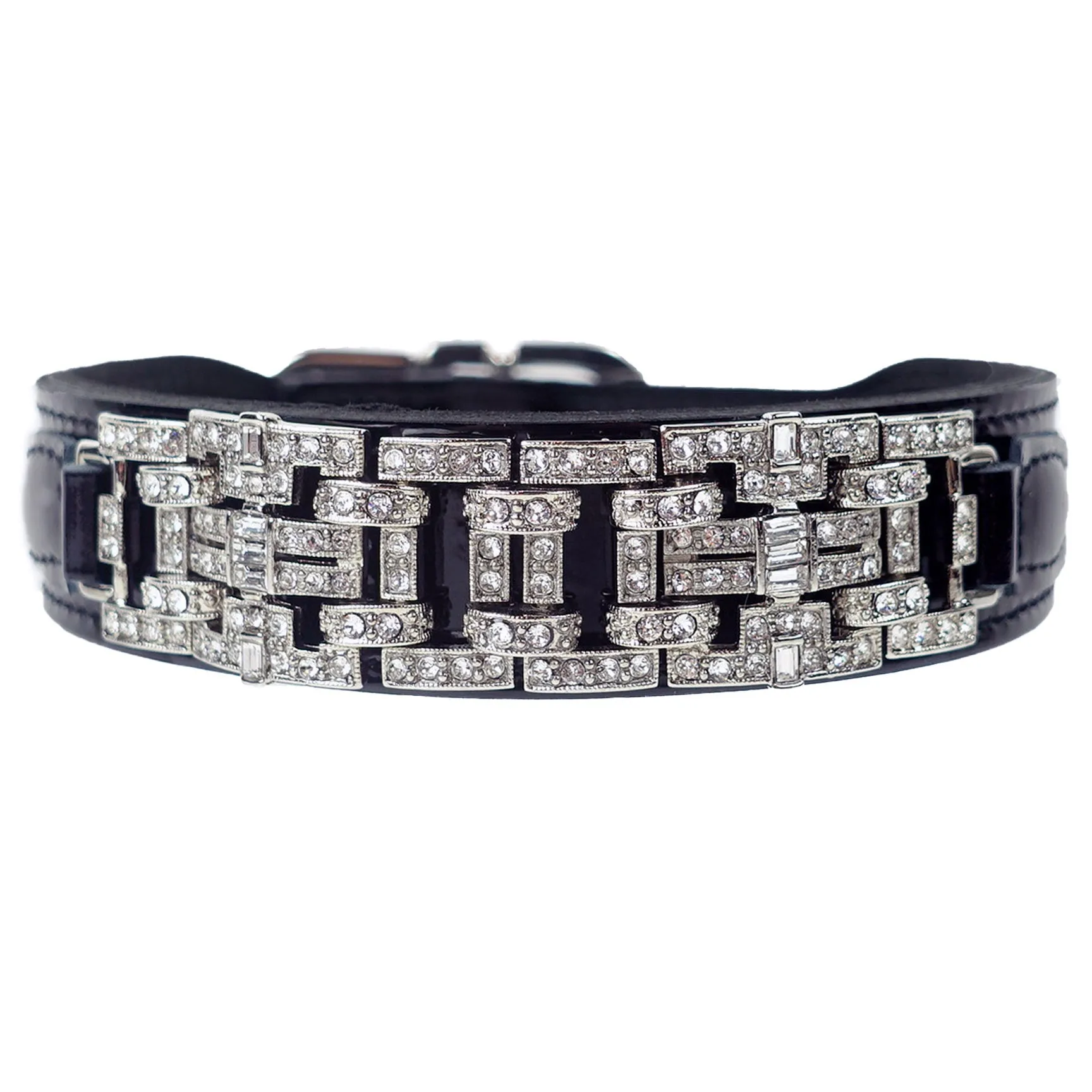 Art Deco Dog Collar in Black Patent & Nickel