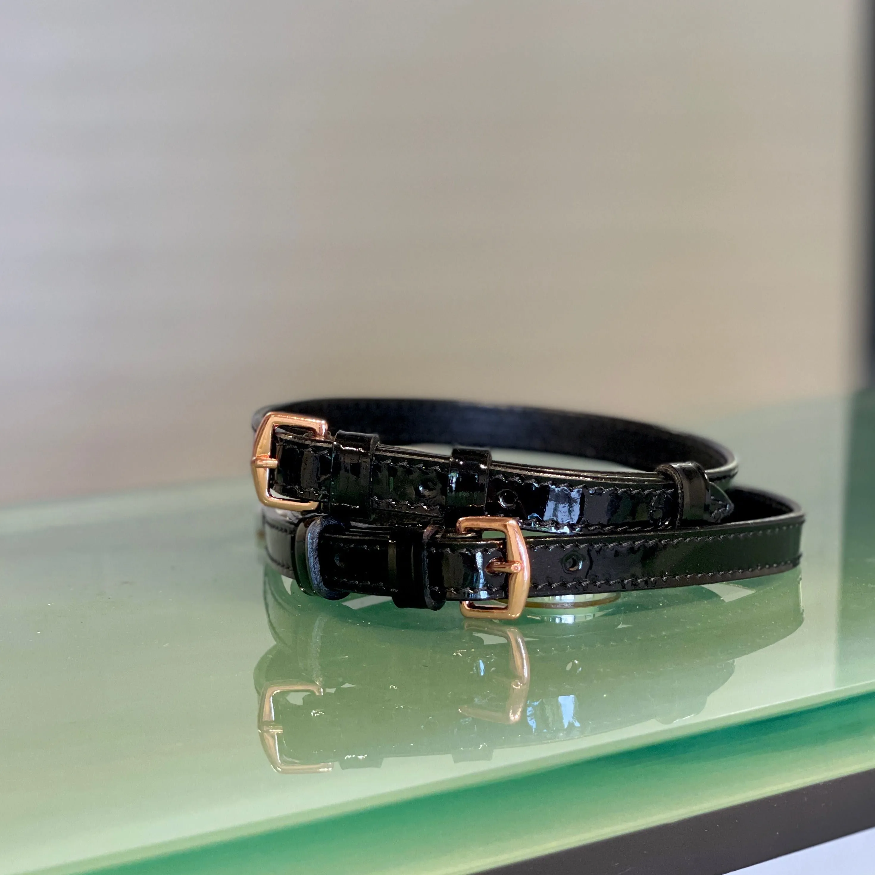 Aurelia Black Patent & Rose Gold Spur Straps