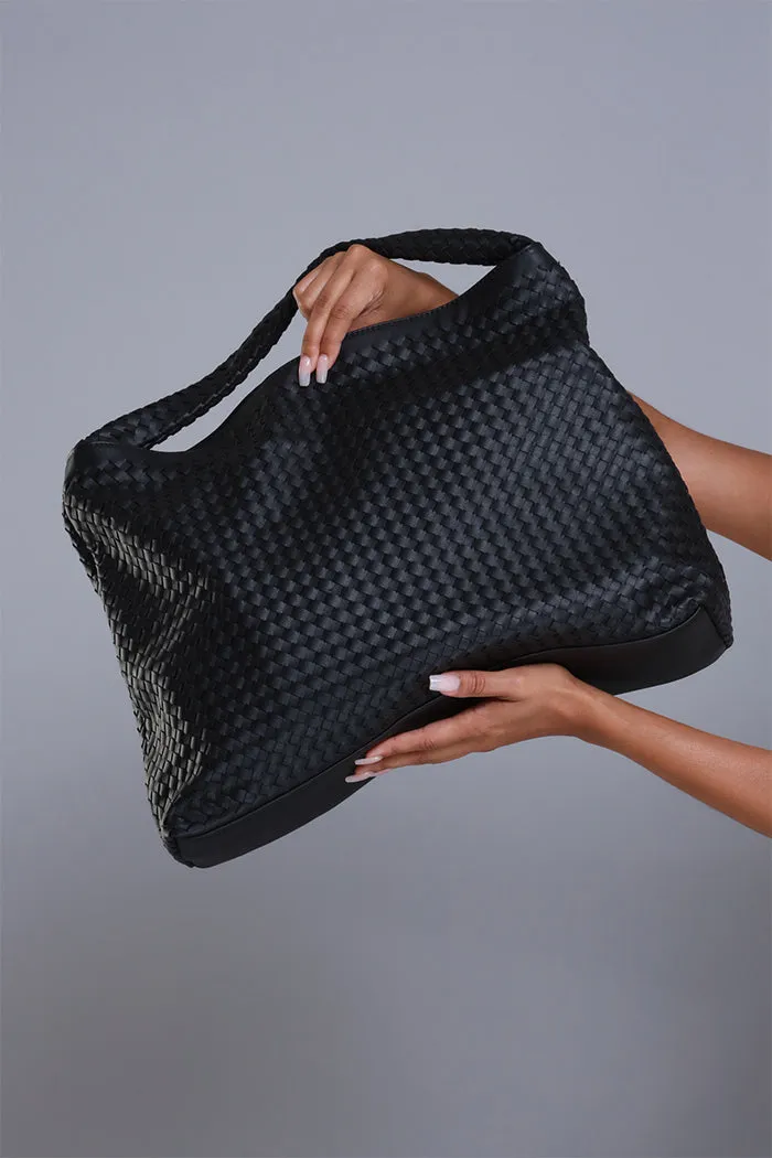 Baggage Claim Faux Leather Basketweave Tote - Black