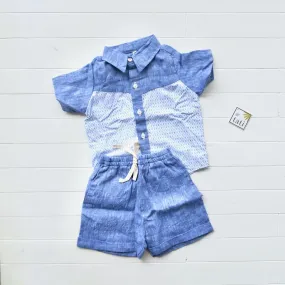 Birch Top & Shorts in Blue Diamond Print & Blue Linen