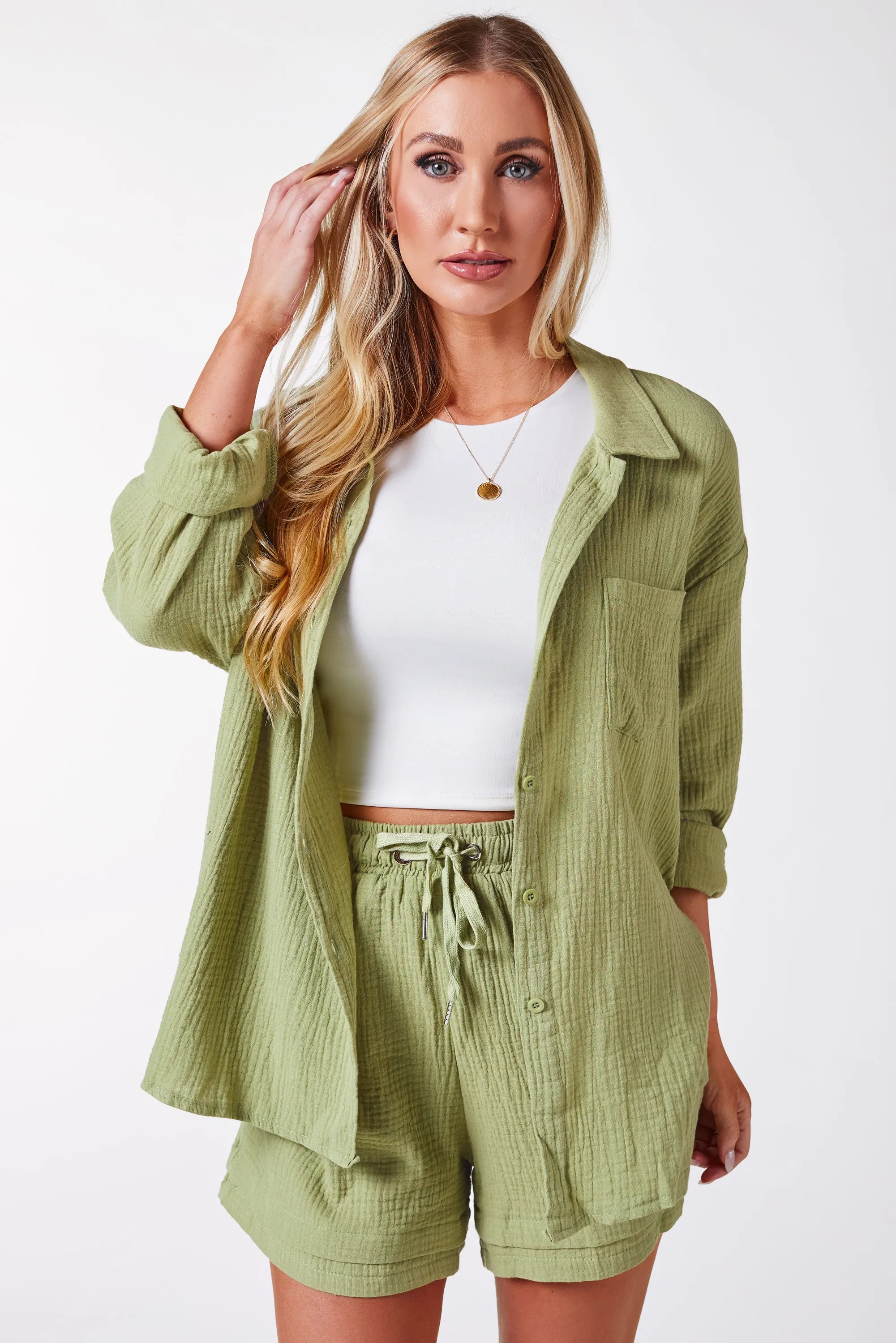 Womens Stylish Bonnie Olive Green Top and Shorts Set - Comfortable Summer Outfit