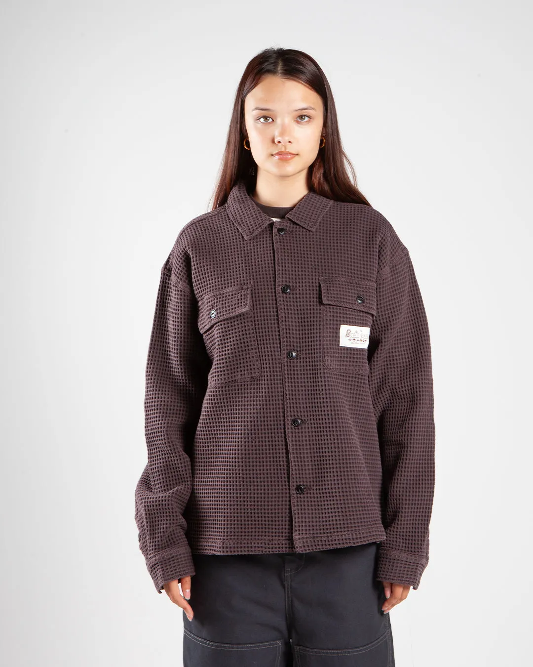 Brain Dead Waffle Button Front Shirt Chocolate Brown