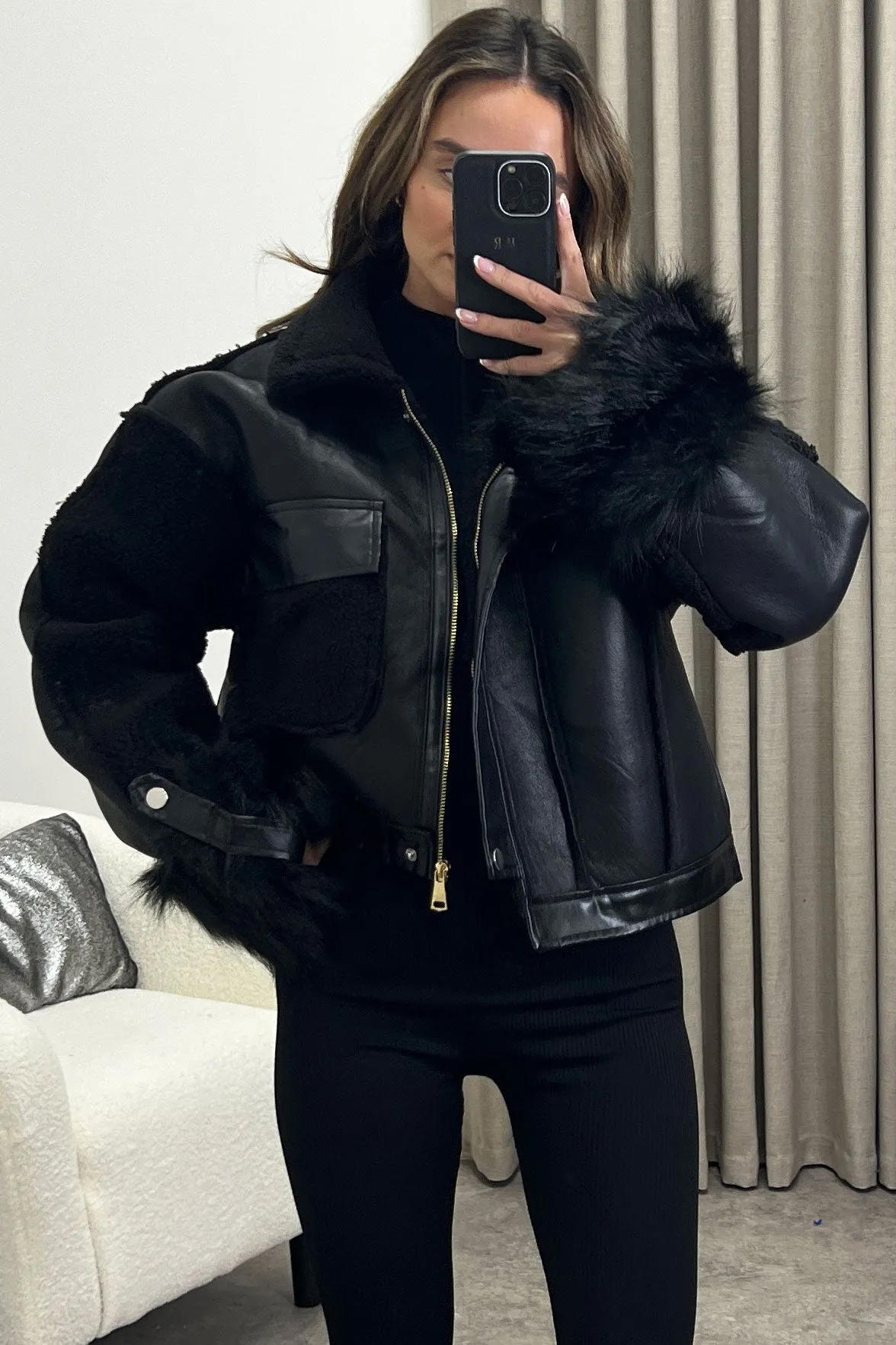 Carissa Black Faux Leather PU Contrast Shearling Aviator Jacket