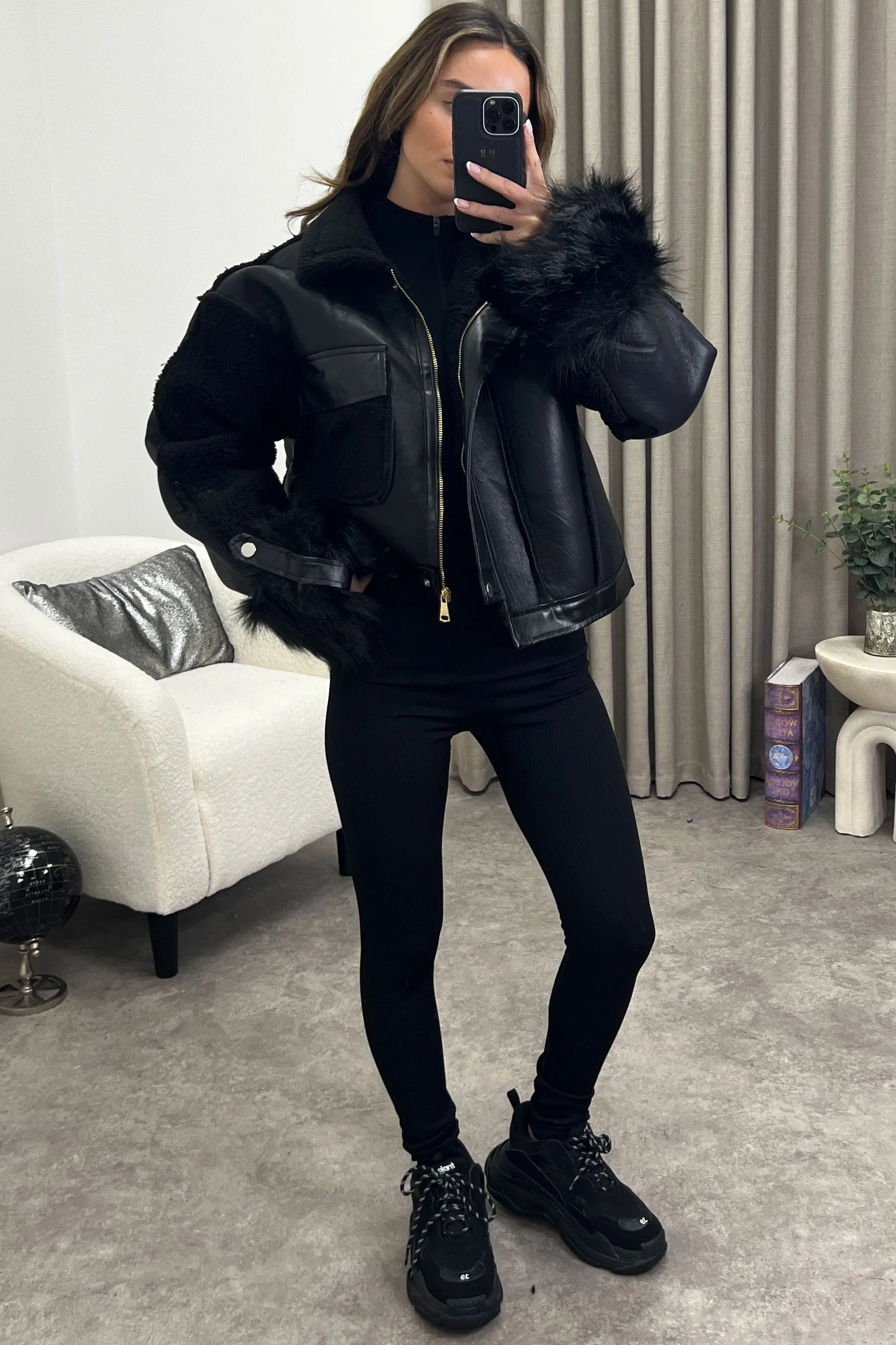 Carissa Black Faux Leather PU Contrast Shearling Aviator Jacket