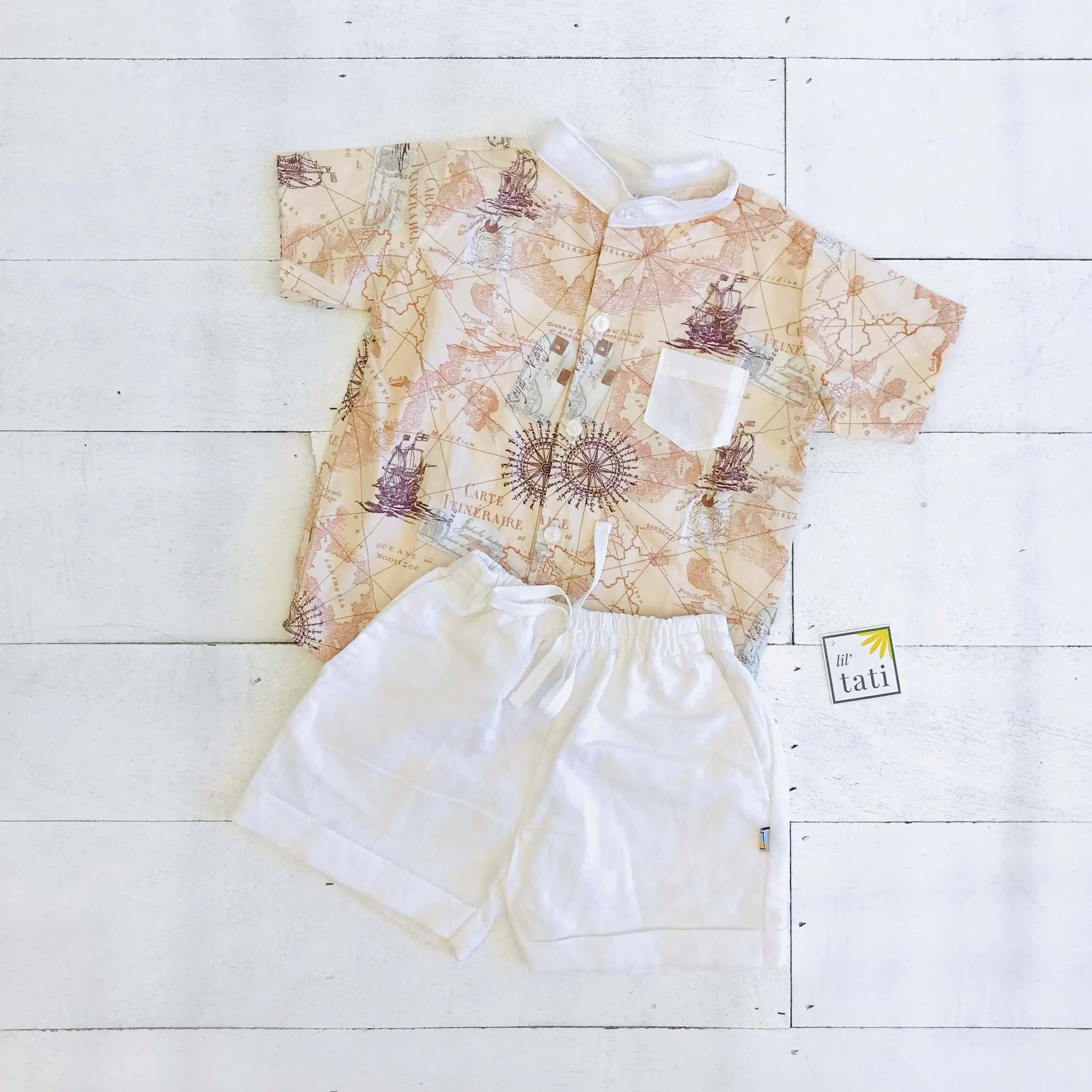 Cedar Top & Shorts in Bon Voyage Brown Print and White Linen