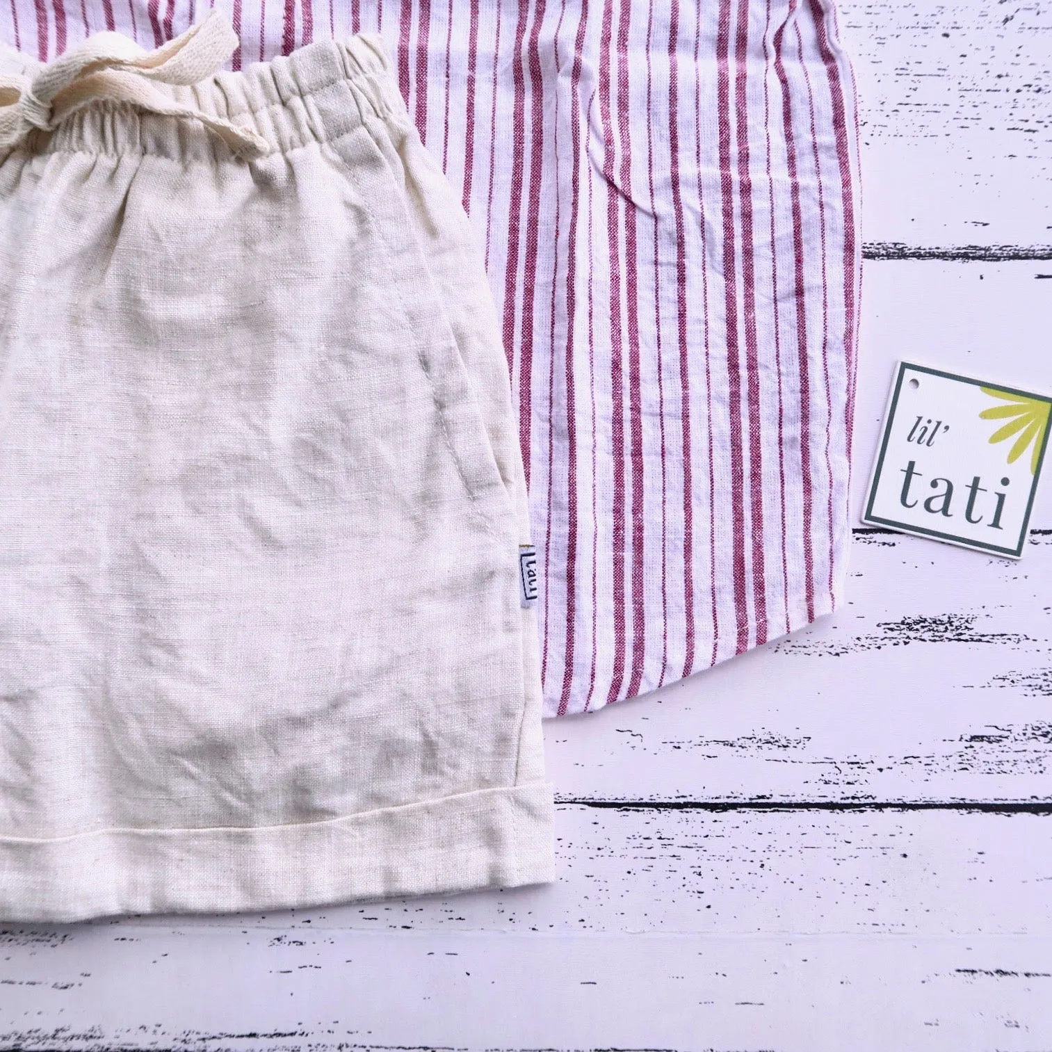 Cedar Top & Shorts in Maroon Stripes and Beige Linen