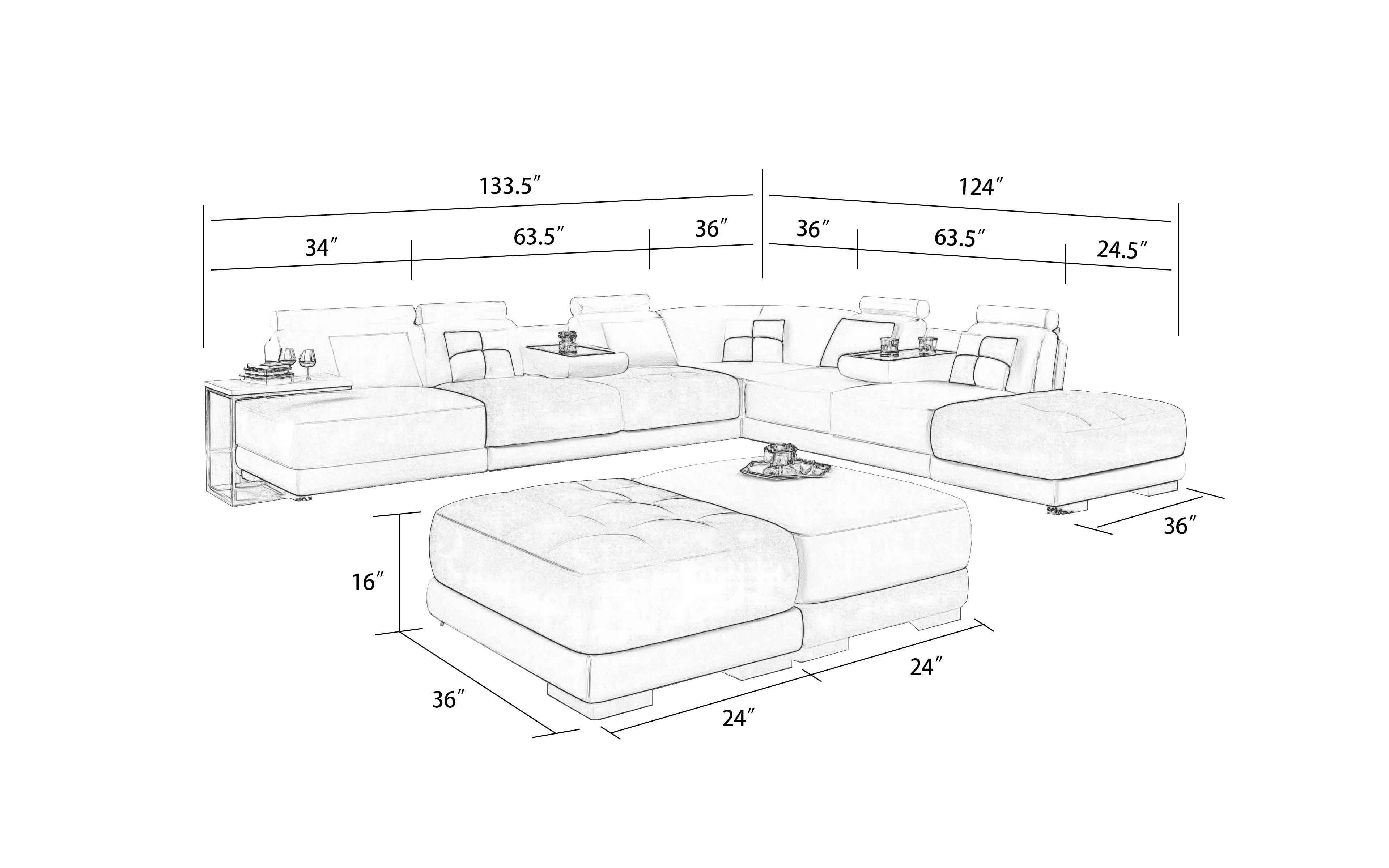 Chessboard Modern Leather Sectional With Ottoman