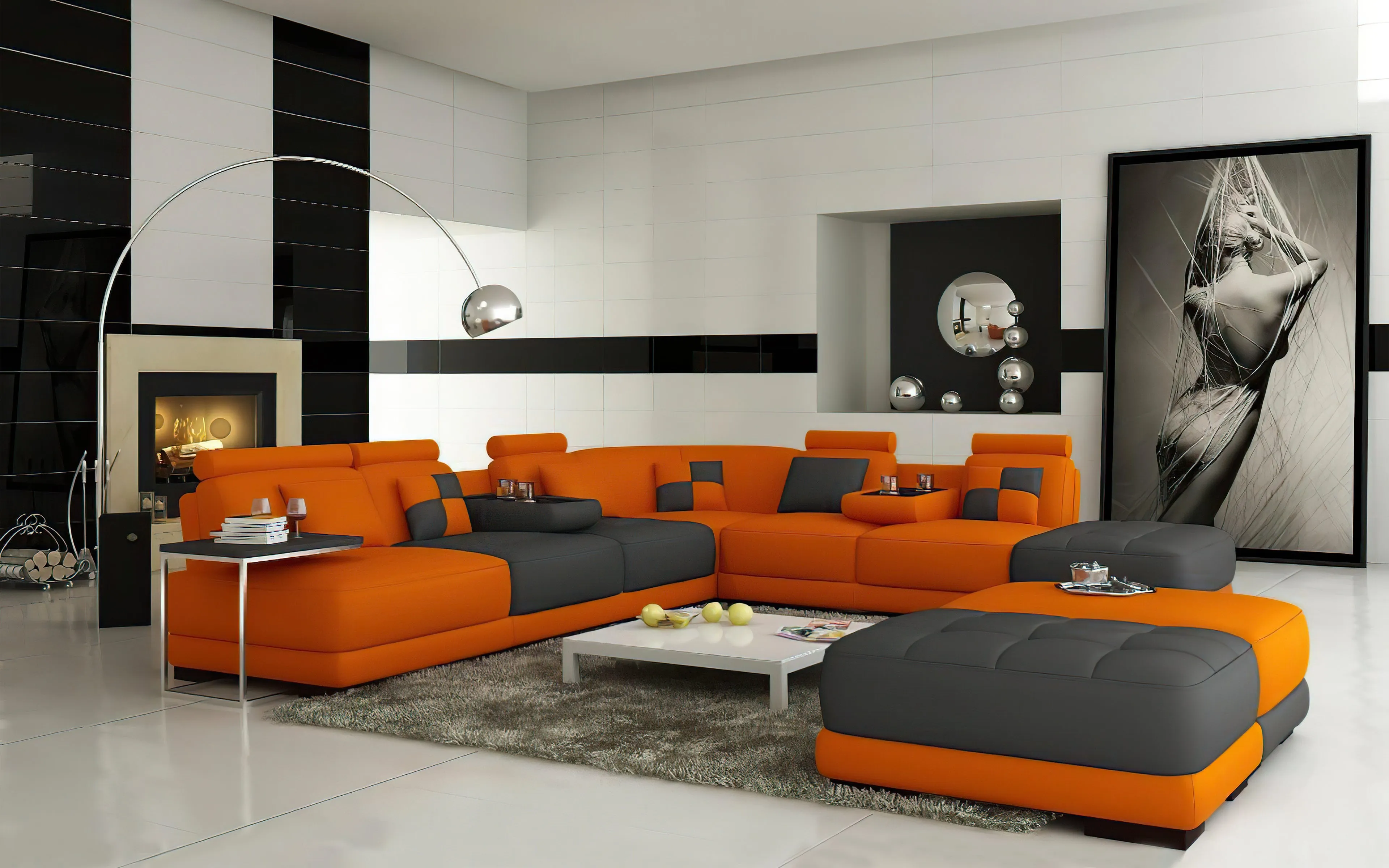 Chessboard Modern Leather Sectional With Ottoman