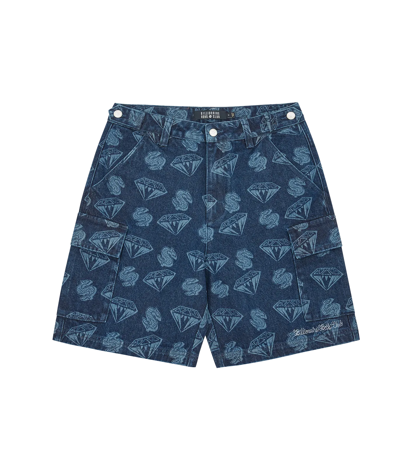 DIAMONDS & DOLLARS PRINTED DENIM SHORTS - INDIGO