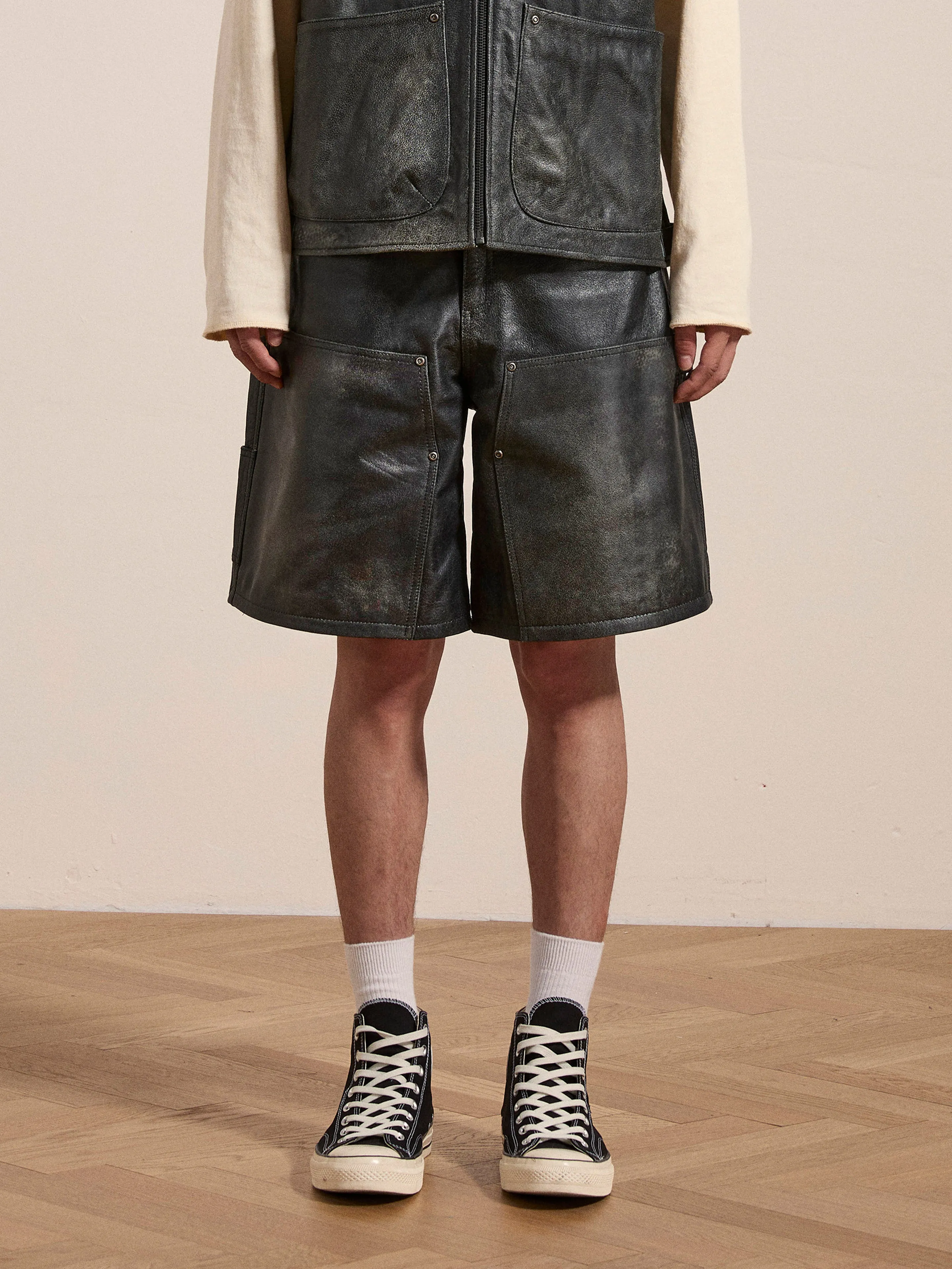 Distressed Genuine Leather Carpenter Shorts