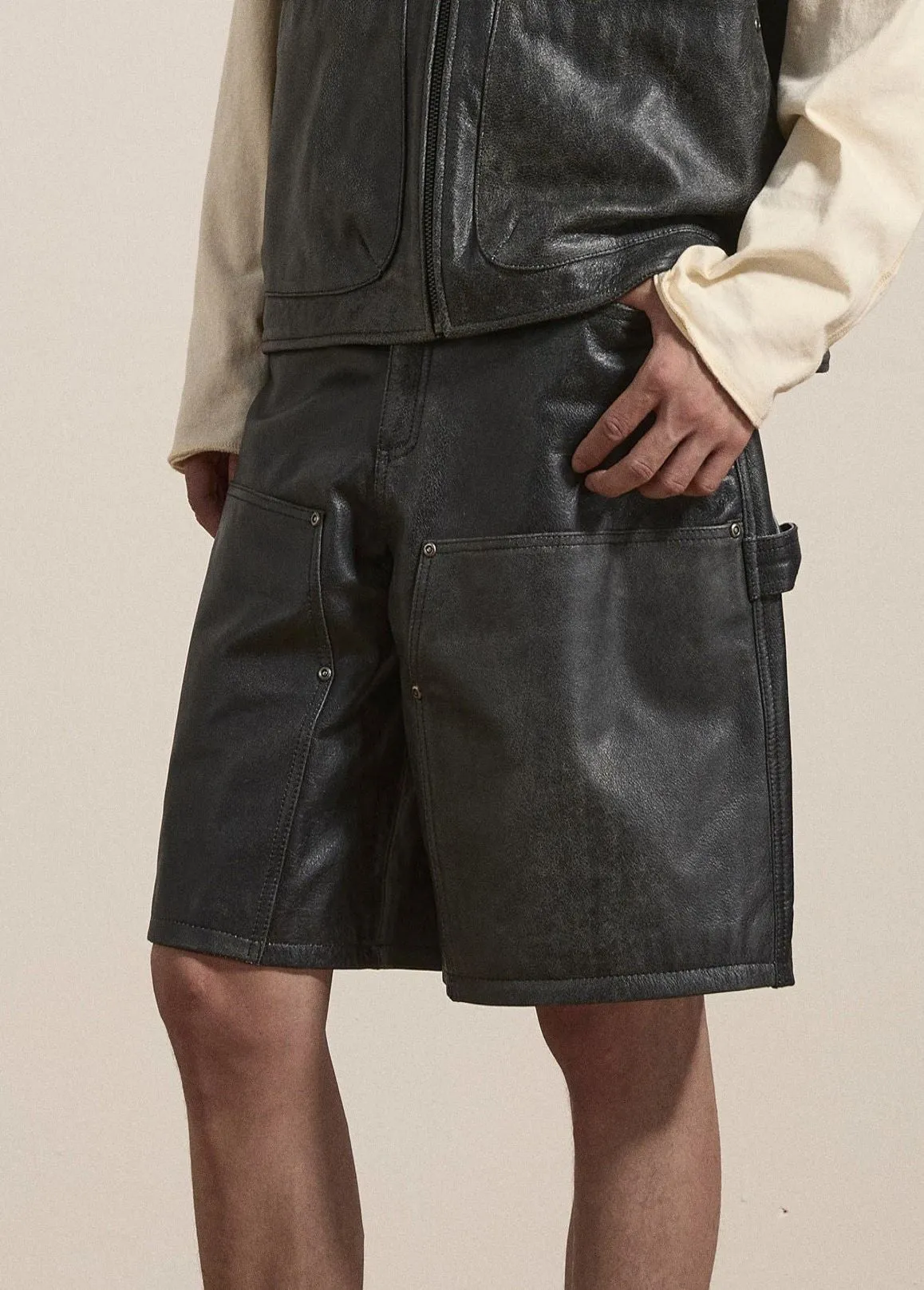 Distressed Genuine Leather Carpenter Shorts