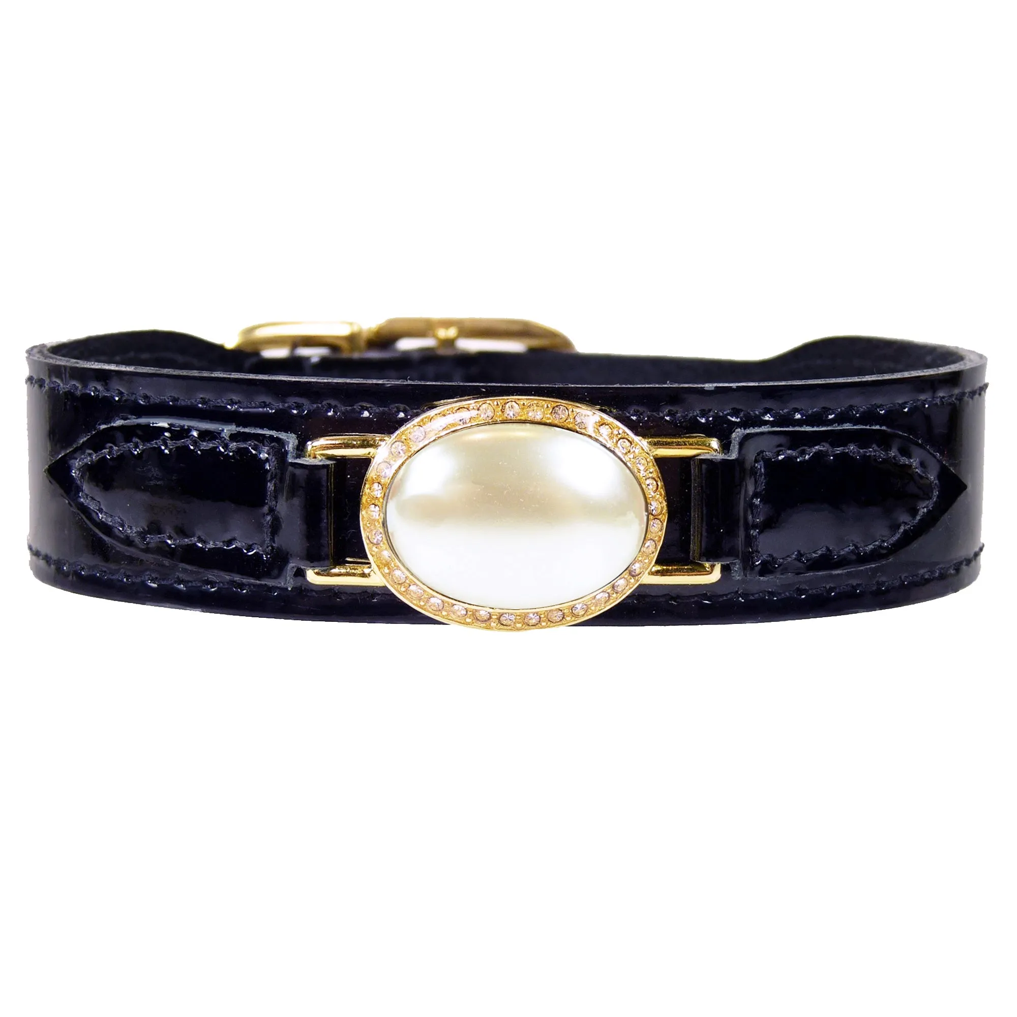 Estate Dog Collar in Black Patent, Cream Pearl & Gold