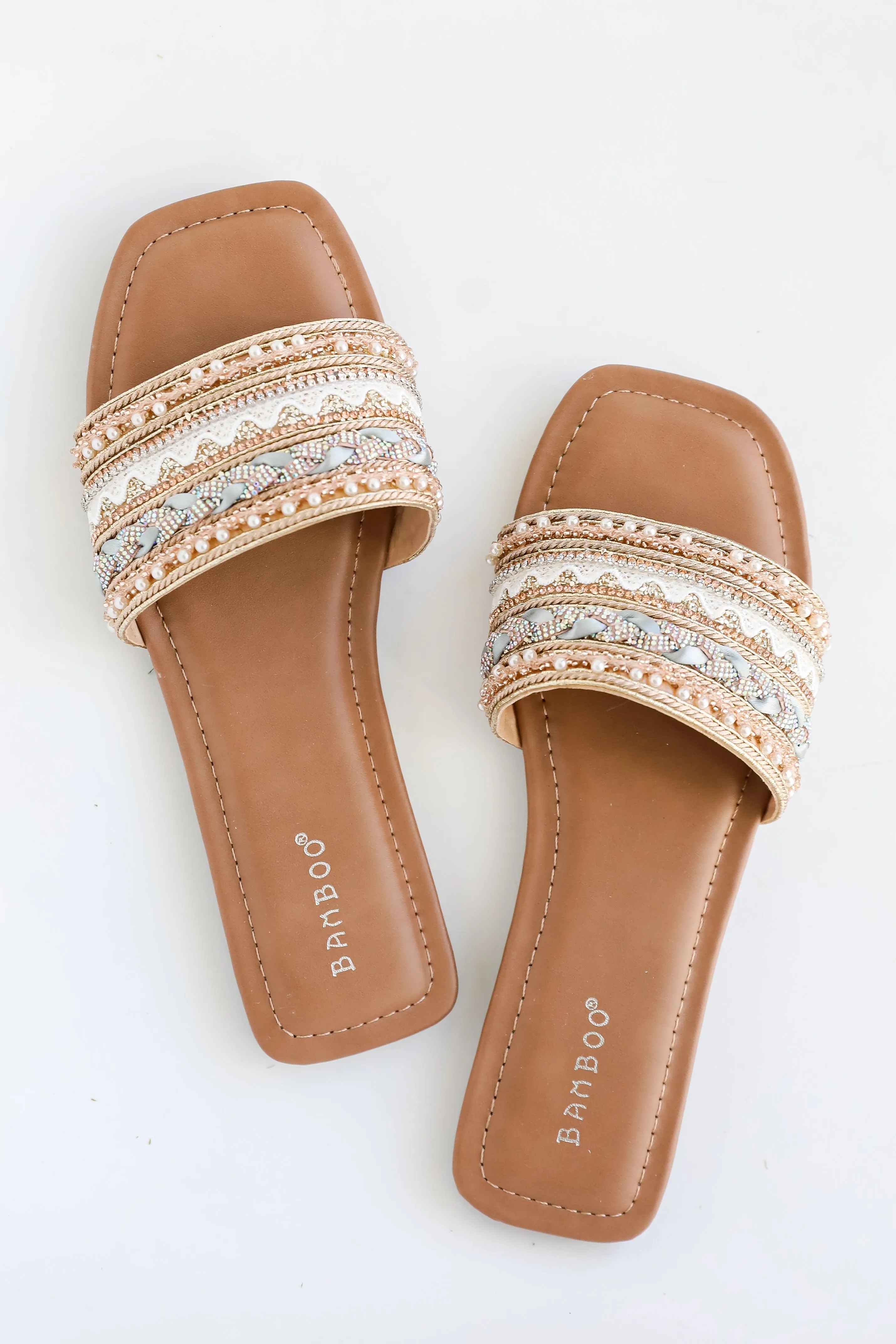 FINAL SALE - Better Together Gold Beaded Rhinestone Slide Sandals