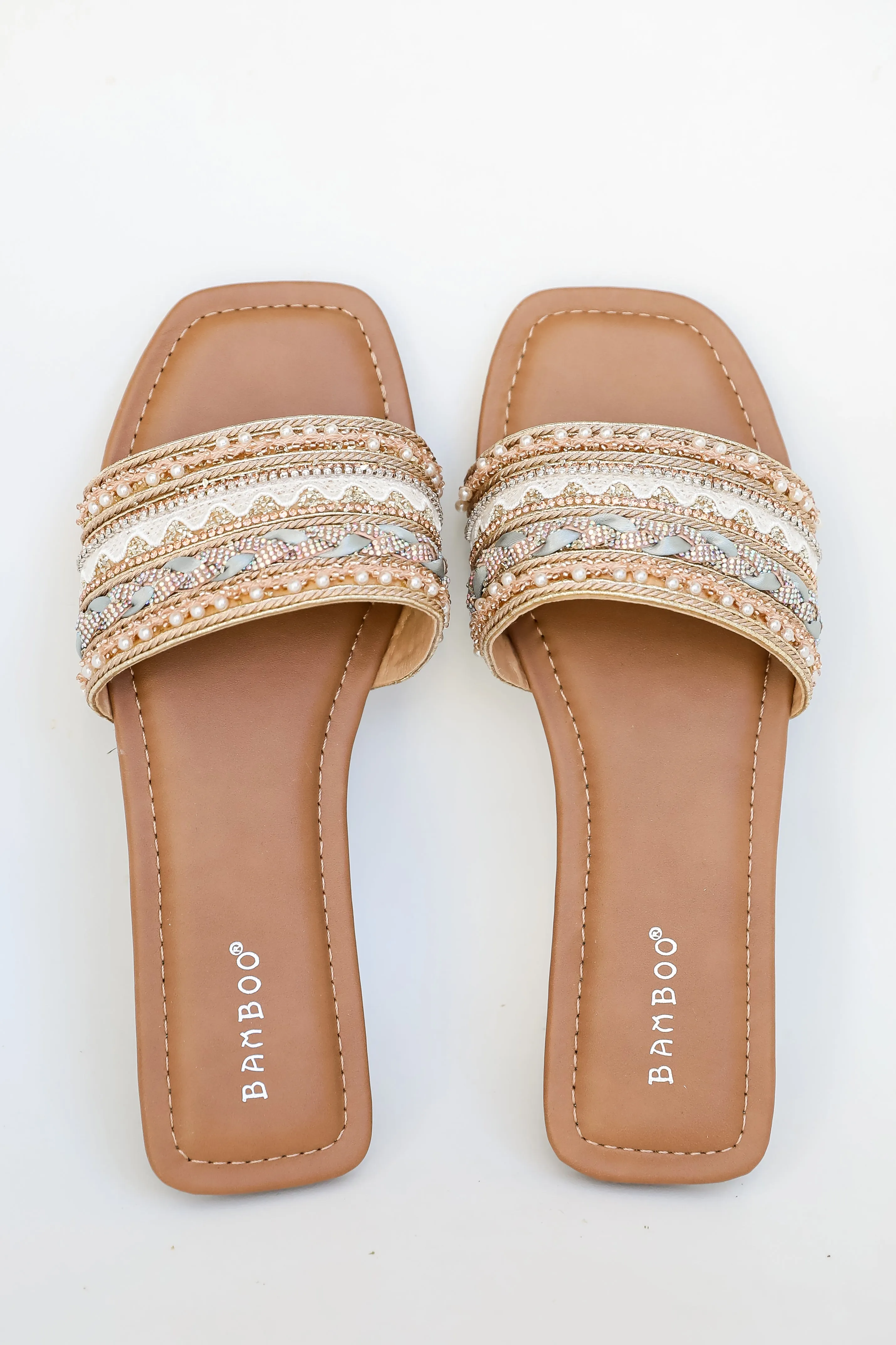 FINAL SALE - Better Together Gold Beaded Rhinestone Slide Sandals