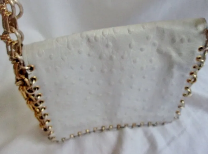 Genuine OSTRICH SKIN LEATHER Chainlink shoulder bag flap purse WHITE GOLD Boutique