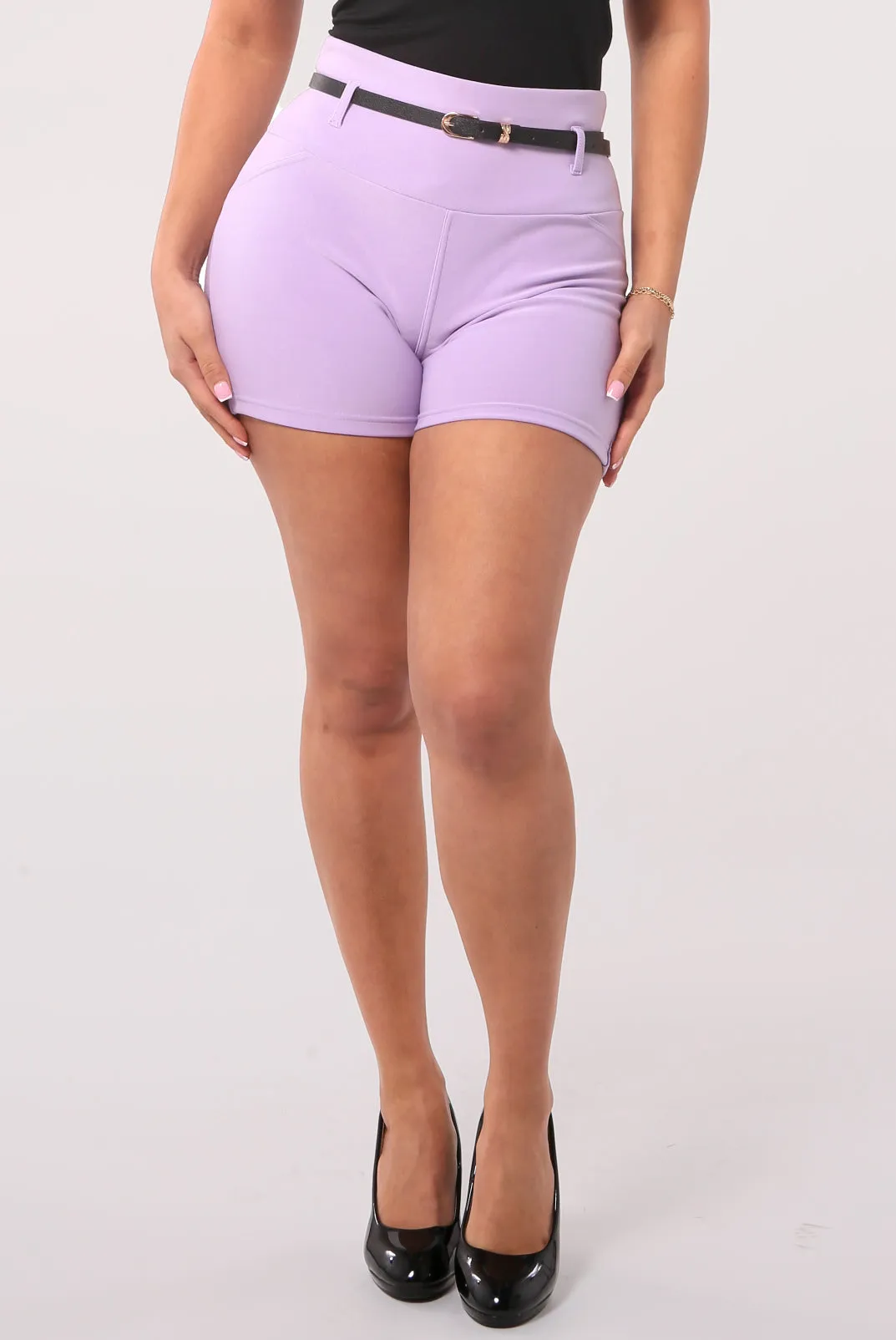 High Waist Sculpting Shorts With Faux Leather Belt - Purple Rose