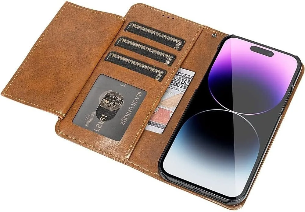 iPhone 14 Pro Max Protection Kit Bundle - Leather Folio Wallet Case with Tempered Glass Screen and Camera Protector (Brown)