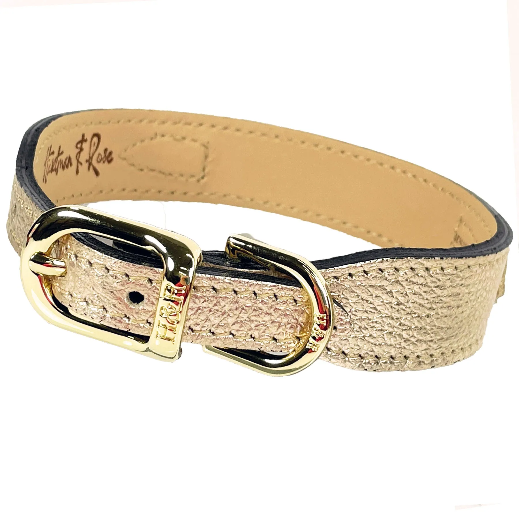 Italian Metallic Gold Leather Dog Collar in Gold