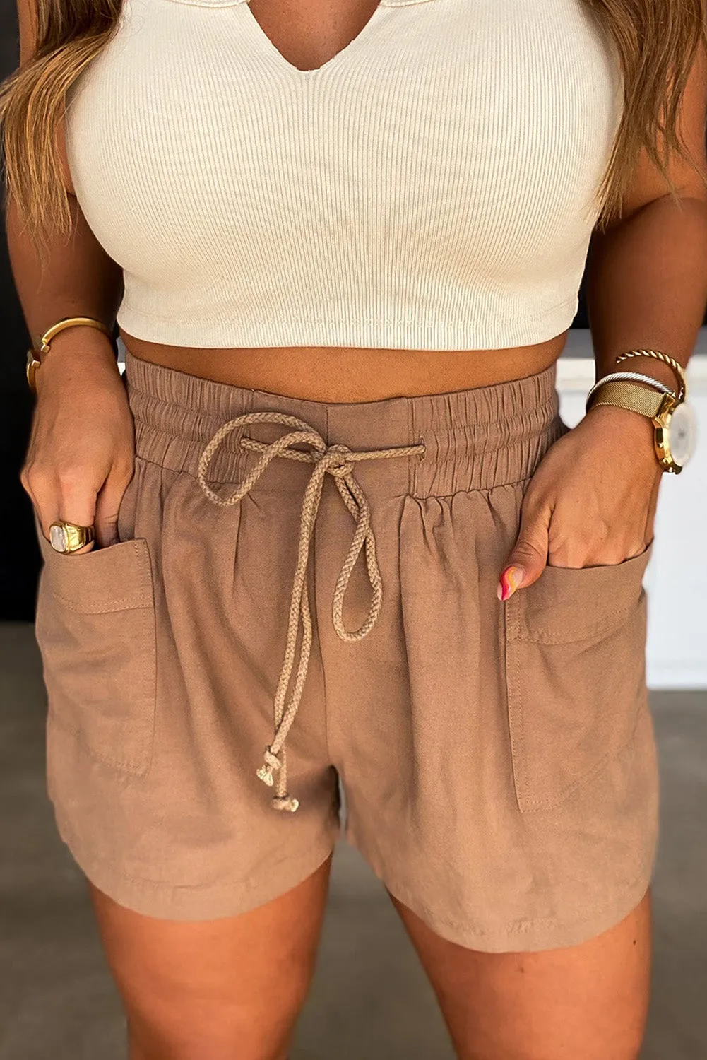 Khaki casual shorts with pockets and drawstring, boho shorts