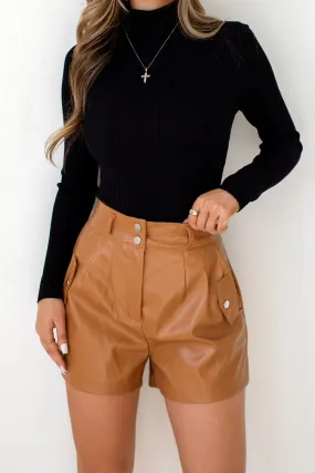 Lambert Camel Vegan Leather Shorts