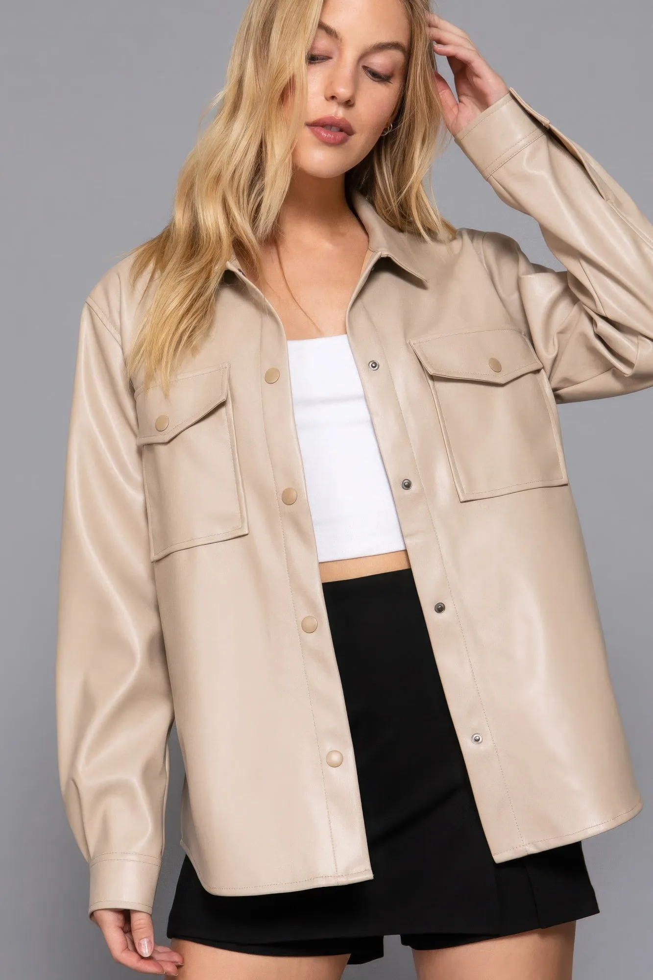 Long Slv Faux Leather Shacket