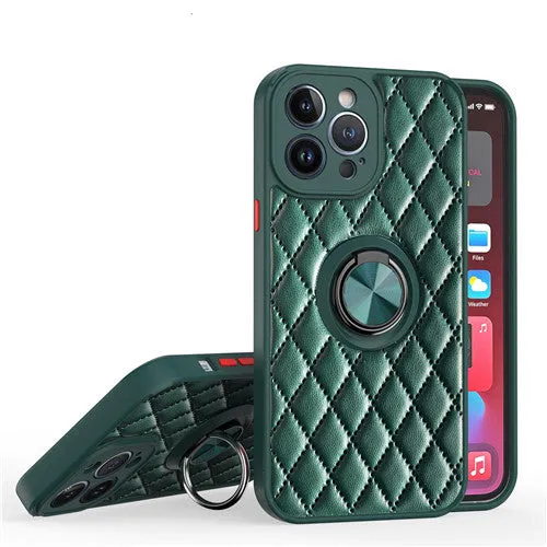 Luxury Leather Diamond Quilted Ring Holder Phone Case For Apple iPhone