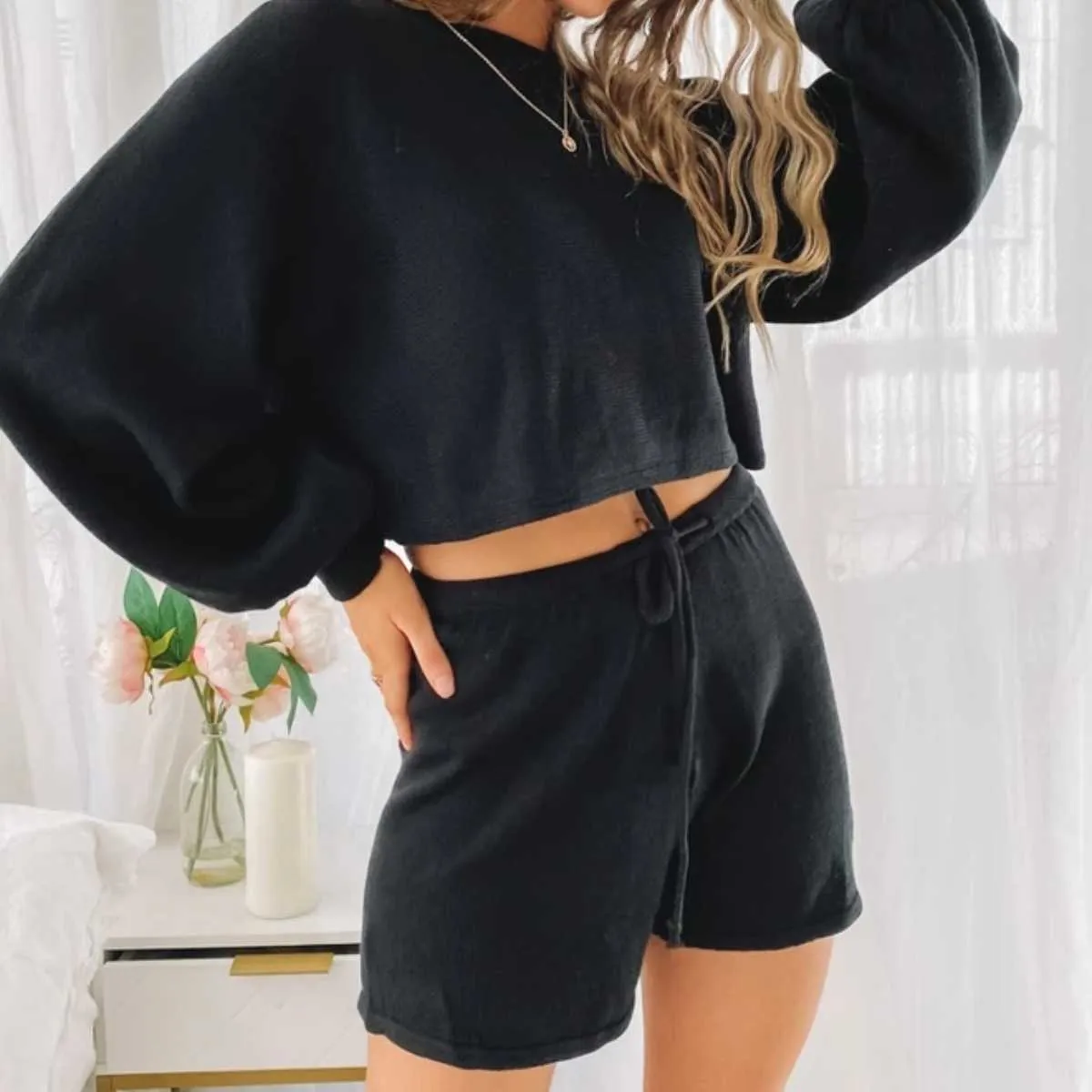 Matching Knitted Two Piece Top and Shorts Co ord Set