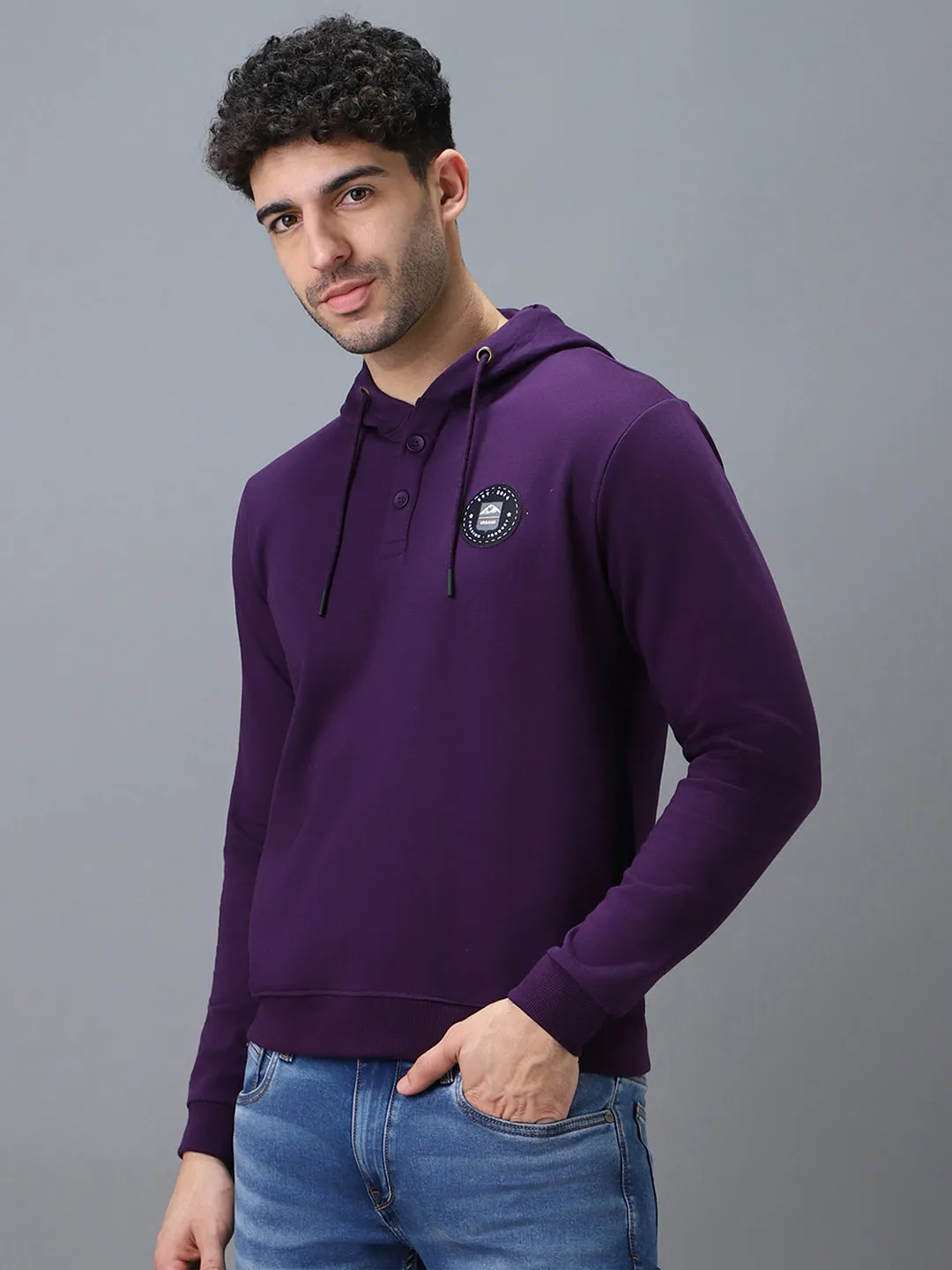 Men's Purple Cotton Solid Button Hooded Neck Sweatshirt