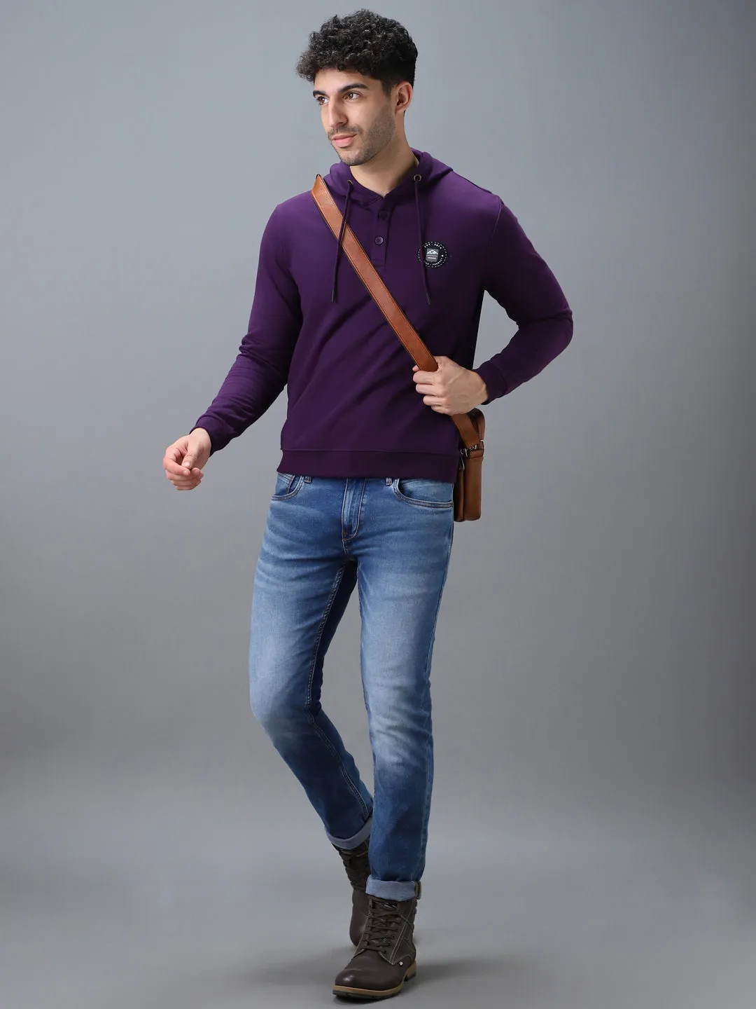 Men's Purple Cotton Solid Button Hooded Neck Sweatshirt