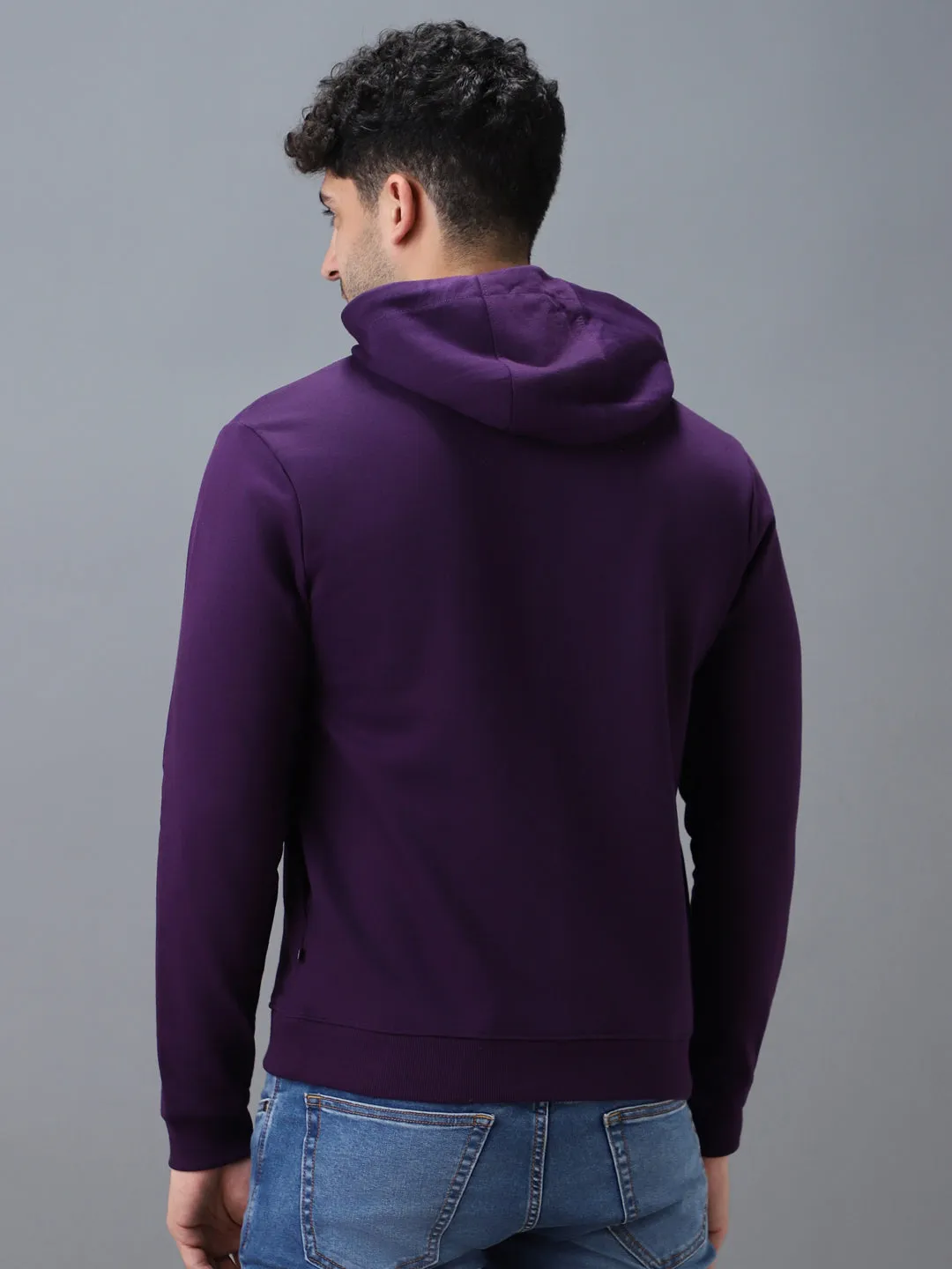 Men's Purple Cotton Solid Button Hooded Neck Sweatshirt