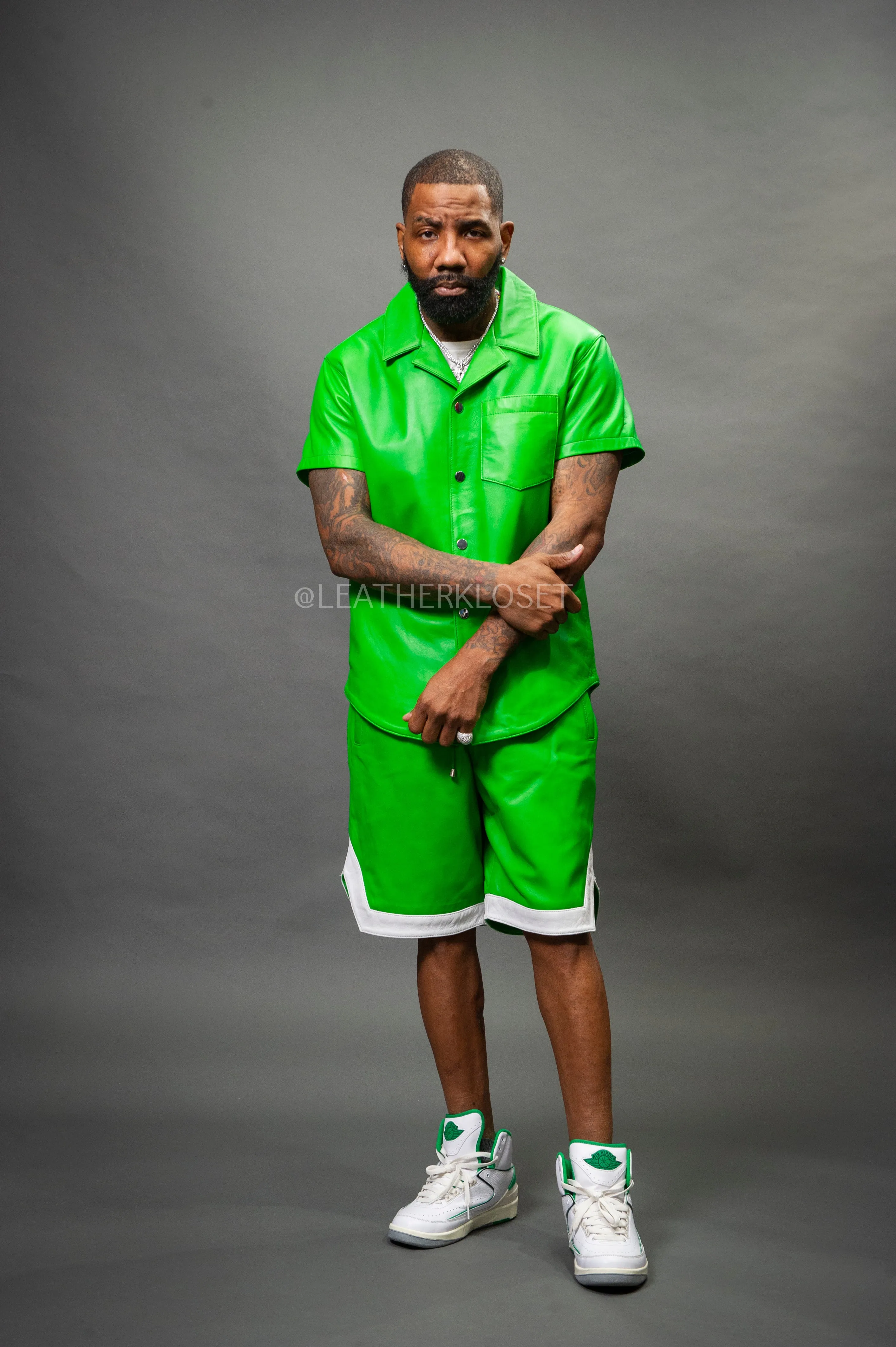 Men's Summer In Miami Leather Shirt And Shorts Set [Green]