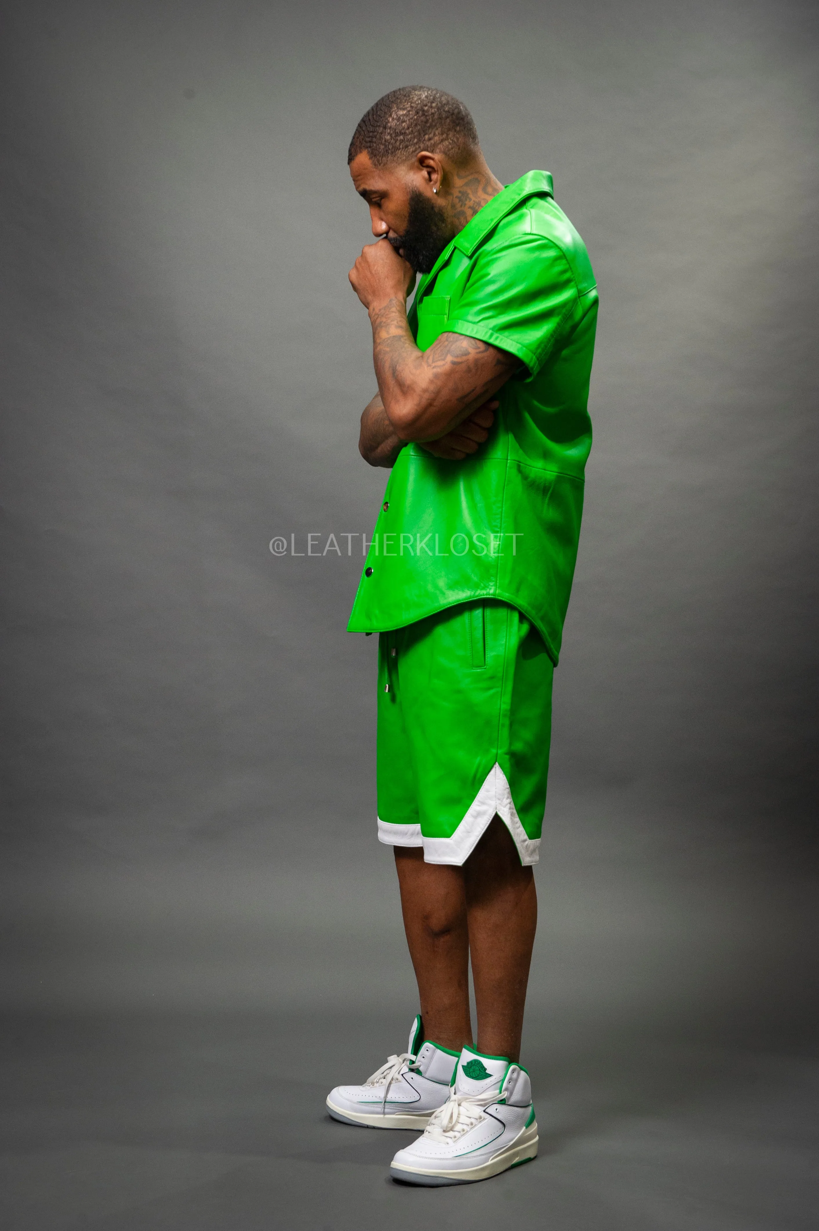 Men's Summer In Miami Leather Shirt And Shorts Set [Green]