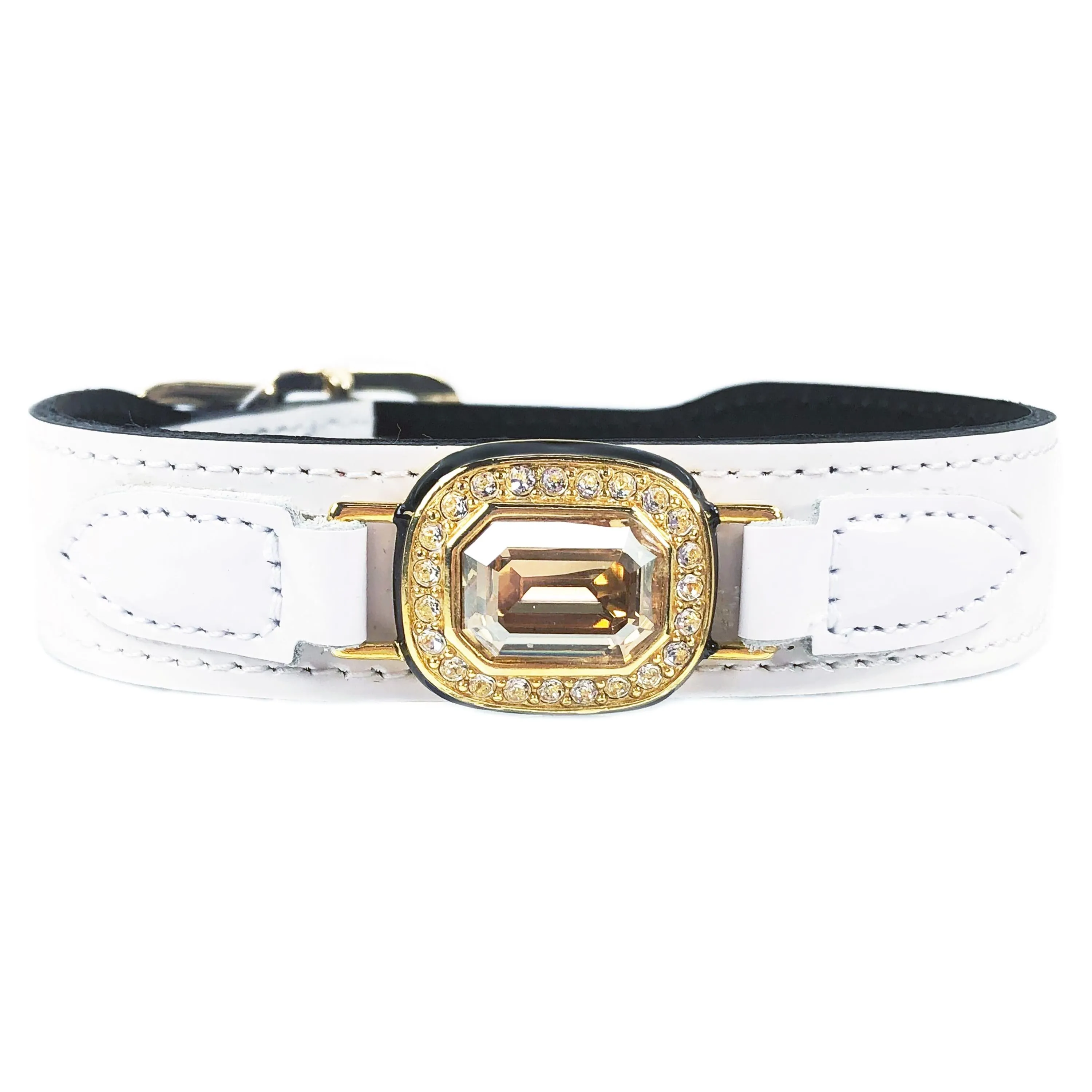 Octagon Dog Collar in White Patent & Gold