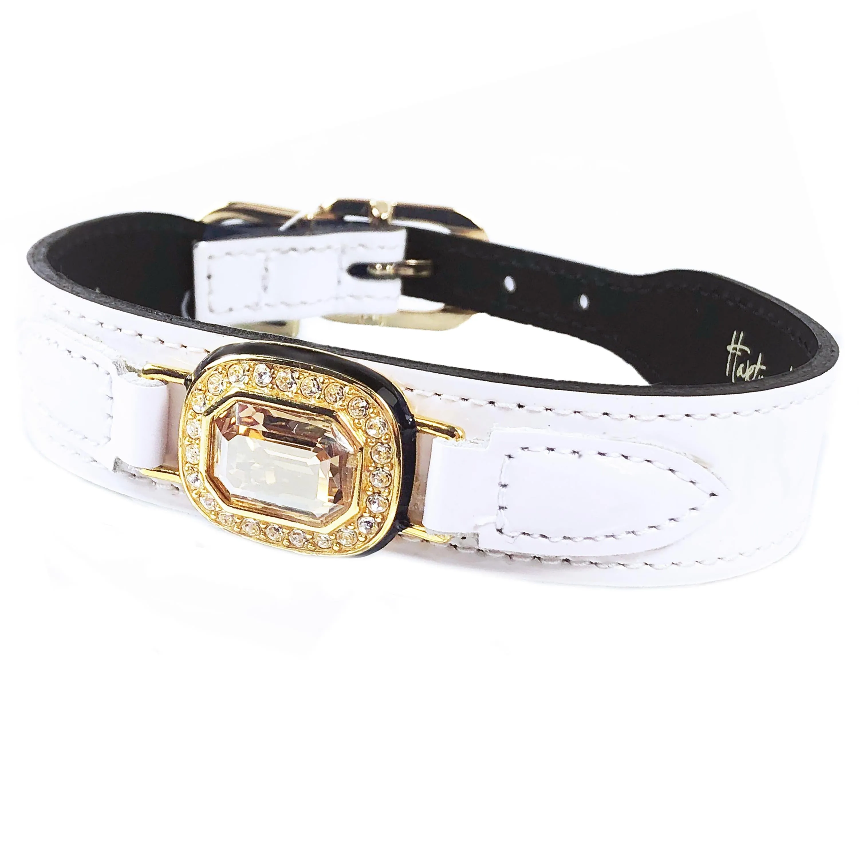 Octagon Dog Collar in White Patent & Gold