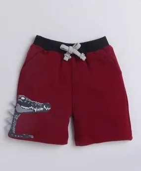 Polka Tots Knee Length Shorts 100% Interlock Cotton With Dinosaur - Maroon