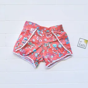 Pompom Shorts in Red Orange Garden Print