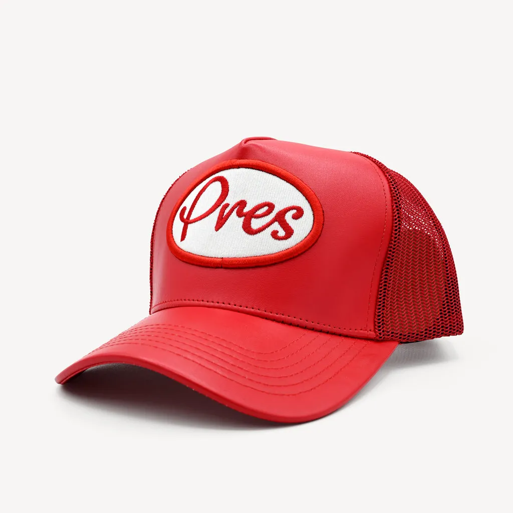 Red Pres Leather Trucker Hat