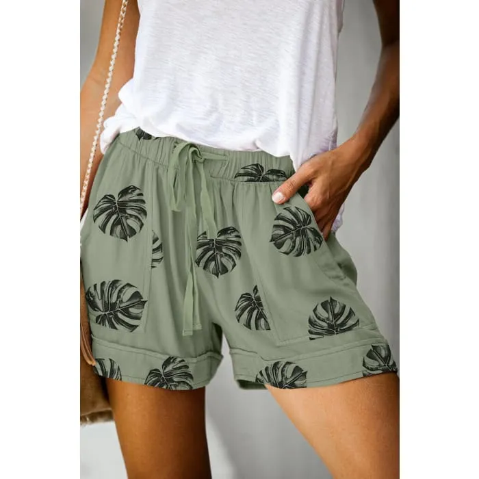 Sage Palm Leaf Drawstring Shorts