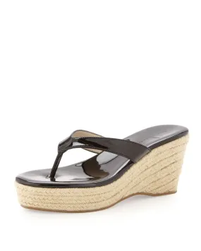 Womens's J.LITVACK Aruba •Black Patent• Raffia Wedge Thong Sandal